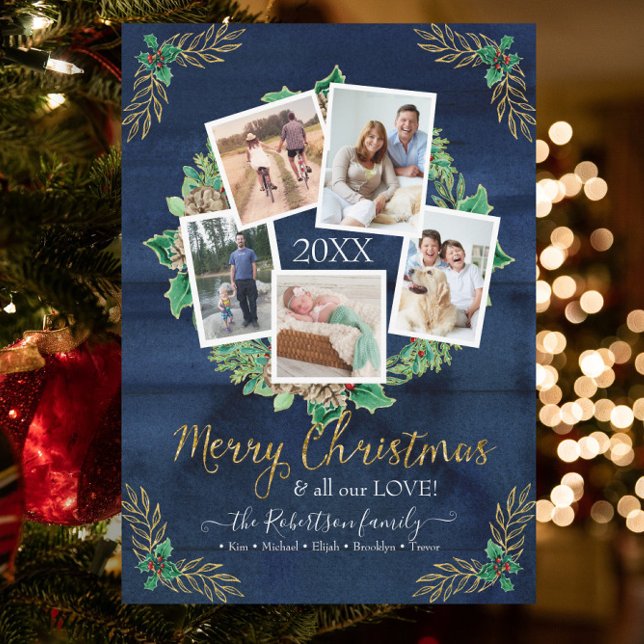 Farmhouse Photo Wandejul Juli Rustic Navy Wood Julkort (Skapare uppladdad)