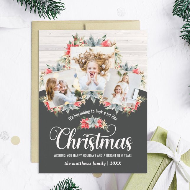 Farmhouse Poinsettia 3 Photo Collage Magnetic Card Magnetisk Inbjudningskort (Skapare uppladdad)