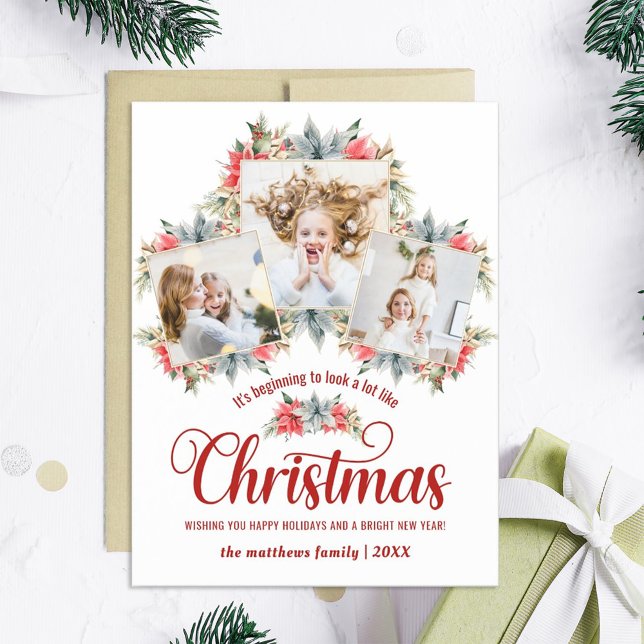 Farmhouse Poinsettia 3 Photo Collage Magnetic Card Magnetisk Inbjudningskort (Skapare uppladdad)