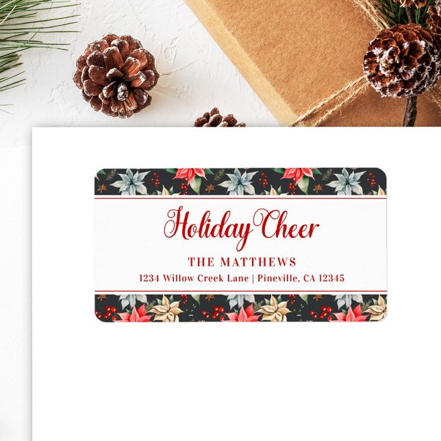 Farmhouse Poinsettia Black Rustic Helgdag Cheer Adressetikett (Skapare uppladdad)