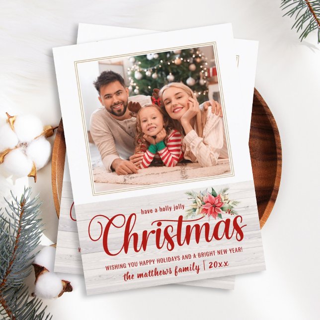 Farmhouse Poinsettia Holly Jolly jul 1 Photo Julkort (Skapare uppladdad)