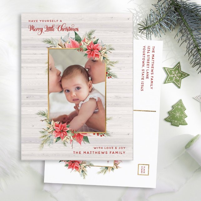 Farmhouse Poinsettia Merry Little jul Photo Helg Vykort (Skapare uppladdad)