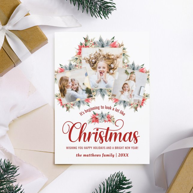 Farmhouse Poinsettia Red & White 3 Photo Collage Julkort (Skapare uppladdad)