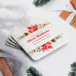 Farmhouse Poinsettia Rustic Chic Wood Fyrkantigt Visitkort