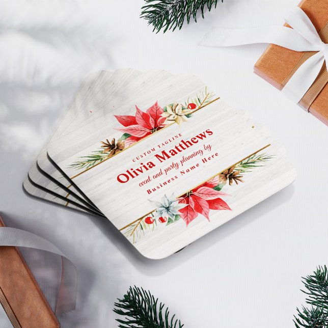 Farmhouse Poinsettia Rustic Chic Wood Fyrkantigt Visitkort (Skapare uppladdad)