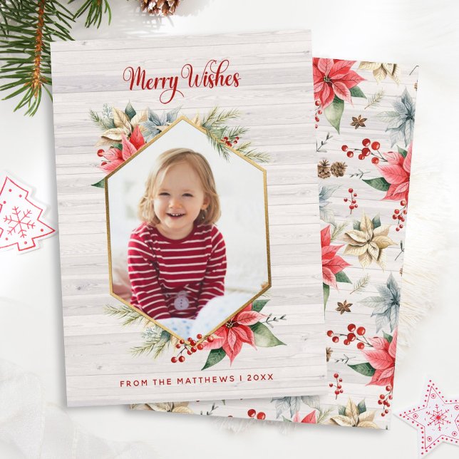 Farmhouse Poinsettia Rustic Hexagon Framed Photo Julkort (Skapare uppladdad)