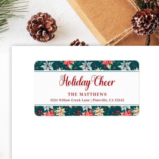 Farmhouse Poinsettia Teal Rustic Helgdag Cheer Adressetikett (Skapare uppladdad)