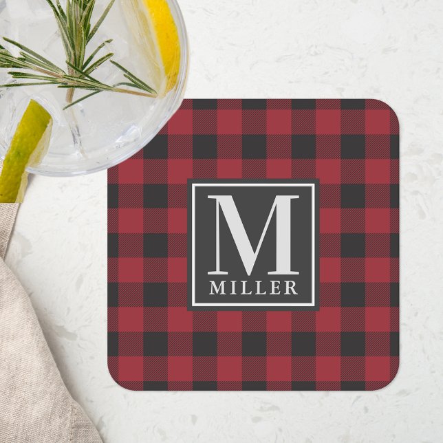 Farmhouse Red Buffalo Check Family Namn Monogram Underlägg Papper Kvadrat (Skapare uppladdad)