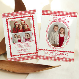 Farmhouse Red Gingham Bow Christmas Holiday Photo Julkort