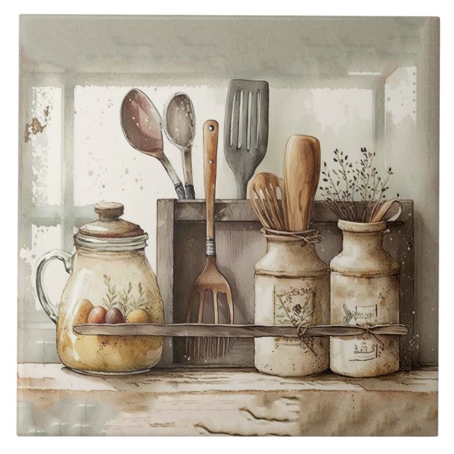 Farmhouse Rustic Utensils Kitchen Ceramic Tile Kakelplatta (Framsidan)