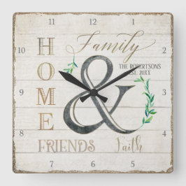 Farmhouse Shiplap Wood Home Friends Family Namn Fyrkantig Klocka