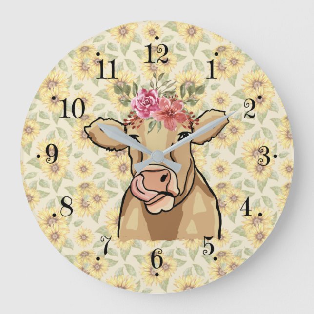 Farmhouse Sunflower Country Milk Cow Wall Clock Stor Klocka (Framsida)