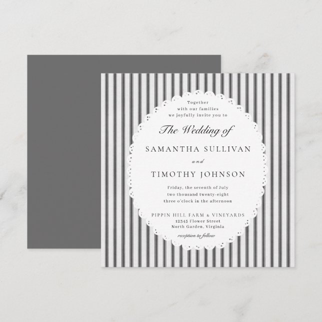 Farmhouse Ticking Stripe Scalloped Lace Wedding Inbjudningar (Fram/baksida)