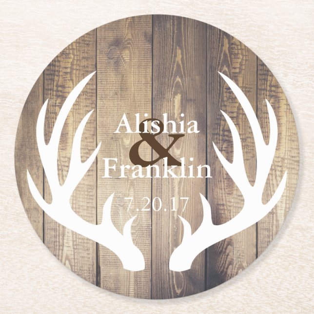 Farmhouse White Antlers Bride & Groom Bröllop Datu Underlägg Papper Rund (Framsidan)