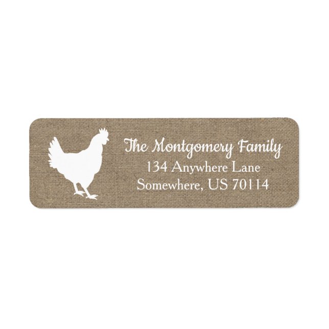 Farmhouse White Chicken Silhouette och Faux Burlap Returadress Etikett (Framsidan)