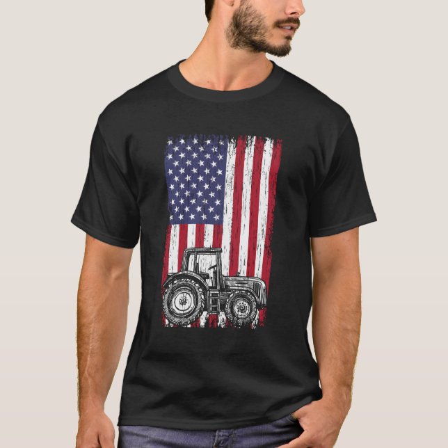 Farming T Shirts Vintage American Flagga Tractor (Framsida)