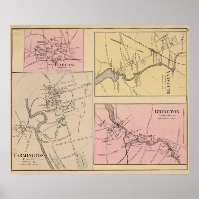 Farmington, Gorham, Yarmouth, Bridgton Karta Poster (Framsidan)