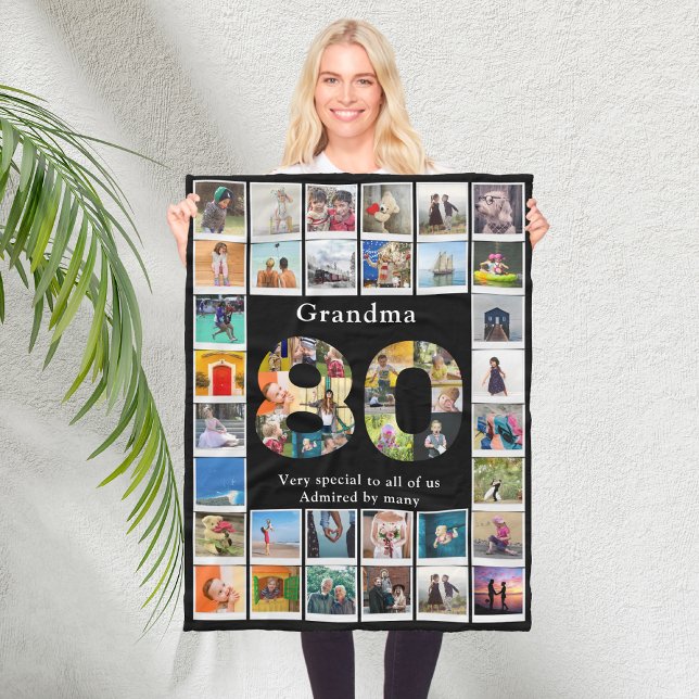 Farmor 80:e födelsedagsfotomall fleecefilt (Personalized 80th birthday fleece blanket for grandmother with photo collage template.)
