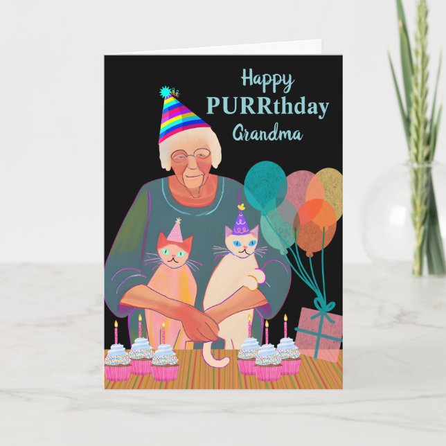 Farmor Birthday Cats med Party Hats-Muffinsar Kort (Framsida)