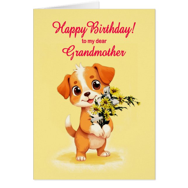 Farmor Birthday Puppy and Flowers Hälsningskort (Framsidan)