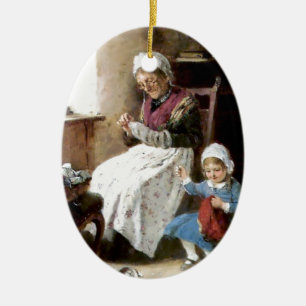 Farmor- och sondottersömnad julgransprydnad keramik