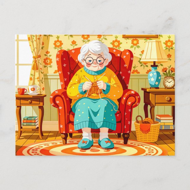 Farmor som stickar i Fåtölj – Illustration Helg Vykort (Framsida)