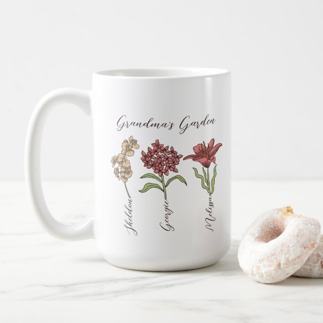 Farmormors Garden Flower 3 Barnbarn Namn Blommigt Kaffemugg (Med munk)