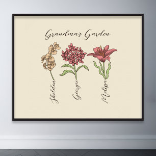 Farmormors Garden Flower 3 Barnbarn Namn Blommigt Poster