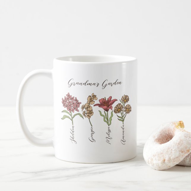 Farmormors Garden Flower 4 Barnbarn Namn Blommigt Kaffemugg (Med munk)