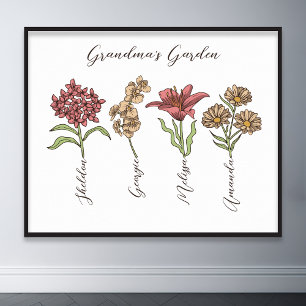 Farmormors Garden Flower 4 Barnbarn Namn Blommigt Poster