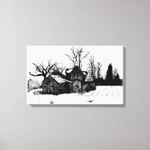Farmstead Wrapped Canvas, Bläck Teckning Canvastryck