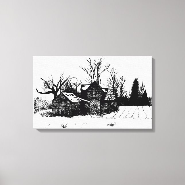 Farmstead Wrapped Canvas, Bläck Teckning Canvastryck (Framsida)