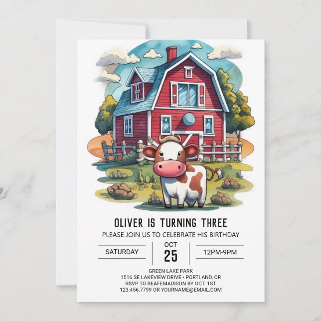 Farmyard Cow Watercolor Birthday Inbjudningar (Framsida)