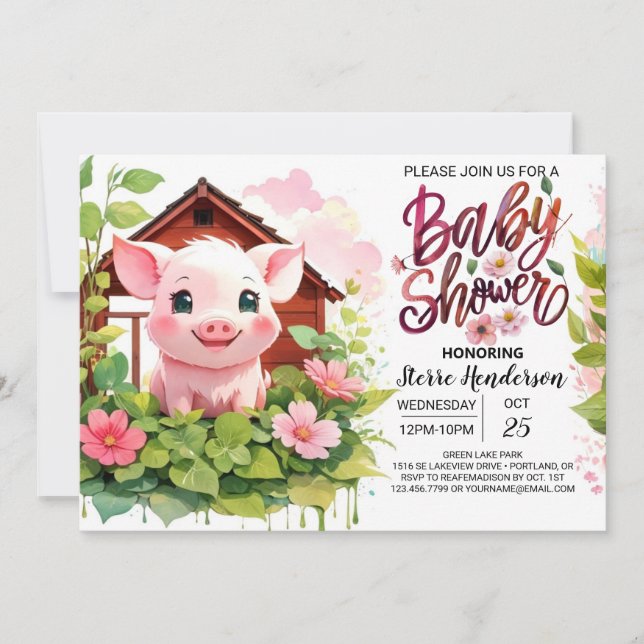 Farmyard Fiesta på Rosa Baby Shower Inbjudningar (Framsida)