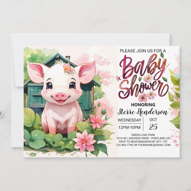 Farmyard Friends Gris Watercolor Baby Shower Inbjudningar (Framsida)