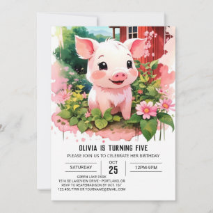 Farmyard Friends Watercolor Piglet Girl Birthday Inbjudningar