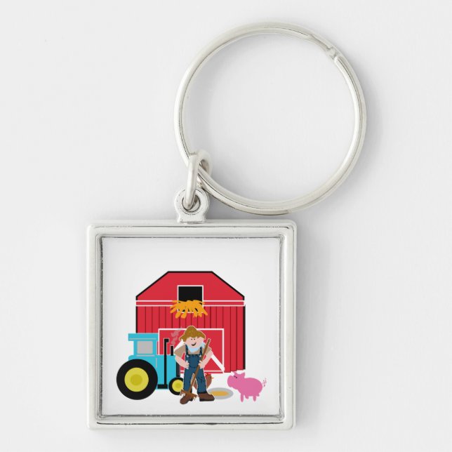Farmyard Fyrkantig Silverfärgad Nyckelring (Framsidan)