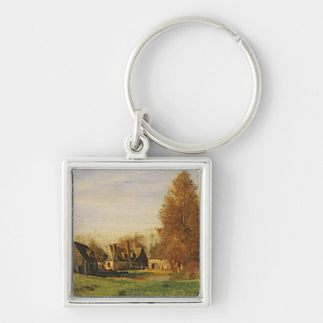Farmyard Fyrkantig Silverfärgad Nyckelring (Framsidan)