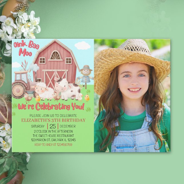 Farmyard Girl Birthday Photo – Cute Barn Animals  Inbjudningar (Skapare uppladdad)