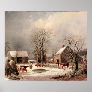 Farmyard i vintermålning av George Durrie Poster