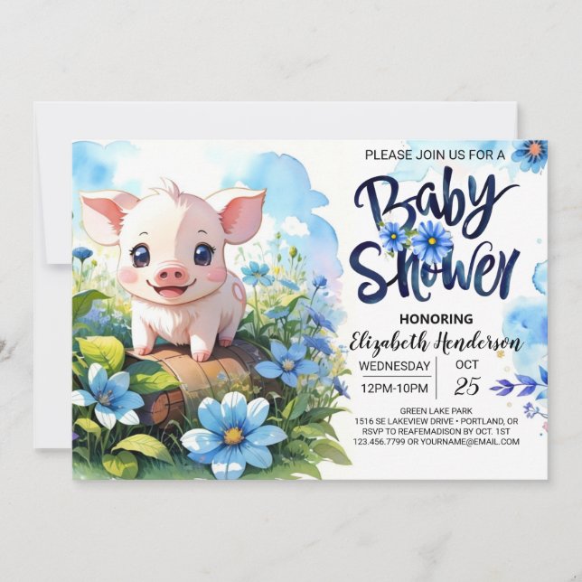 Farmyard Roligt Gris Blue Baby Shower Inbjudningar (Framsida)