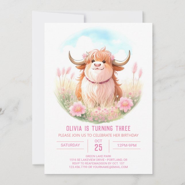 Farmyard Roligt Highland Cow Birthday Inbjudningar (Framsida)