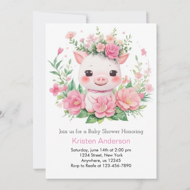Farmyard Rosa Piglet Blissful Girl Baby Shower Inbjudningar (Framsida)