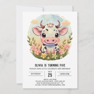 Farmyard Watercolor Elegant Cow Birthday Inbjudningar