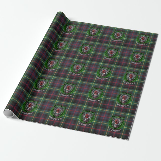 Farquharson skotska klan tartan och vapensköld presentpapper (Utrullad)