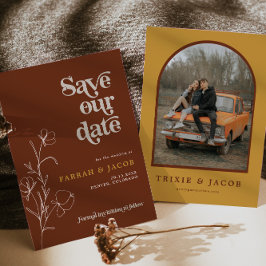 FÄRRAH Retro 70:s Rust Blommigt Foto Spara datum Inbjudningar