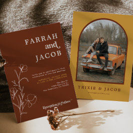 FARRAH Retro 70's Rust Blommigt Arch Photo Bröllop Inbjudningar