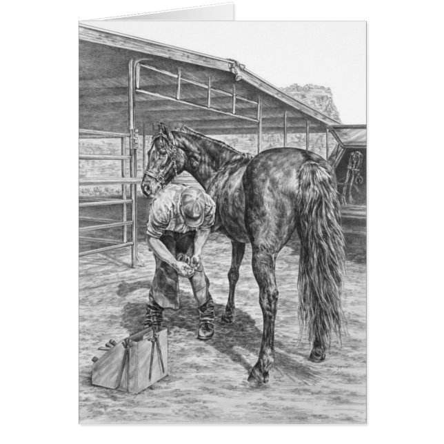 Farrier och Horse Teckning av Kelli Svan OBS Kort (Framsidan)