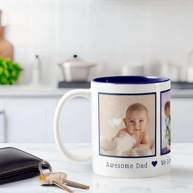 Fars dag 3 bilder Personlig marinblå Två-Tonad Mugg (Father's Day 3 Photos Personalized Navy Blue Two-Tone Coffee Mug)