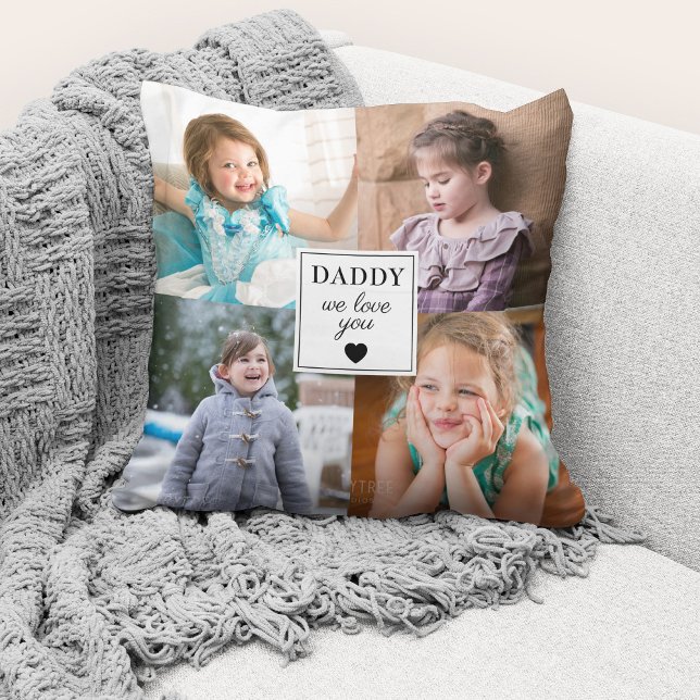 Fars dag 4 Fotokollage Vi älskar dig Kudde (Cute custom photo collage "Daddy We Love You" throw pillow.)